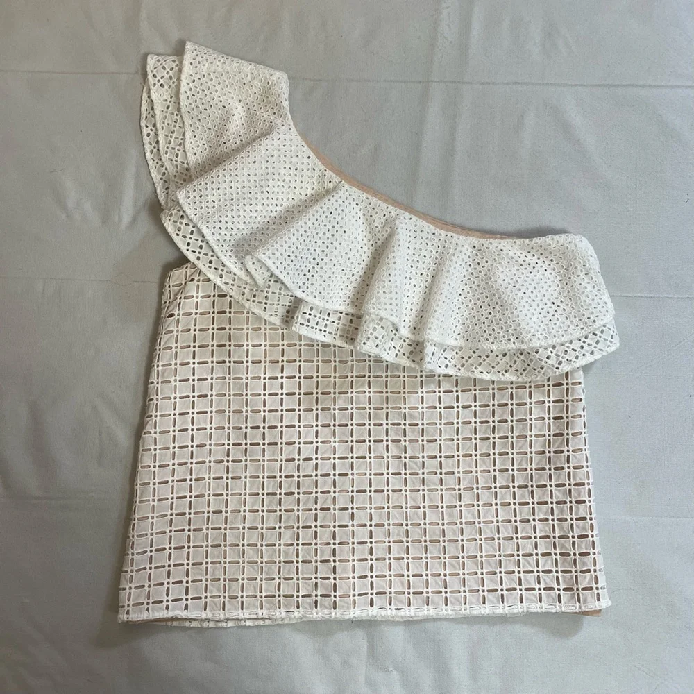 J. Crew White One-Shoulder Ruffle Eyelet Cotton Top Size 2
